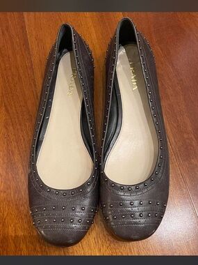 Prada Dark Brown Studded Leather Ballet Flats